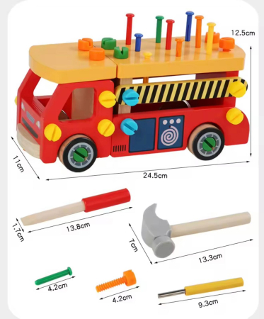 Jucărie educativă Montessori – Camion din lemn cu șuruburi și unelte pentru copii 2 ani + [1]