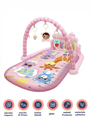 Salteluță interactivă, centru de activitati pentru bebelusi 0+, cu pian si jucării suspendate, dimensiune 76 x 56 x 46 cm, roz [1]