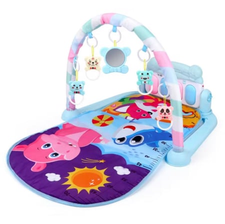 Produse - Salteluță interactivă, centru de activitati pentru bebelusi 0+, cu pian si jucării suspendate, dimensiune 76 x 56 x 46 cm, albastru
