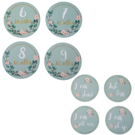 Cadou  baby shower - Set 17 plăcuțe foto lunare pentru bebeluși, design floral mint — carduri milestone rotunde pentru fotografii new-born, cadou de baby shower