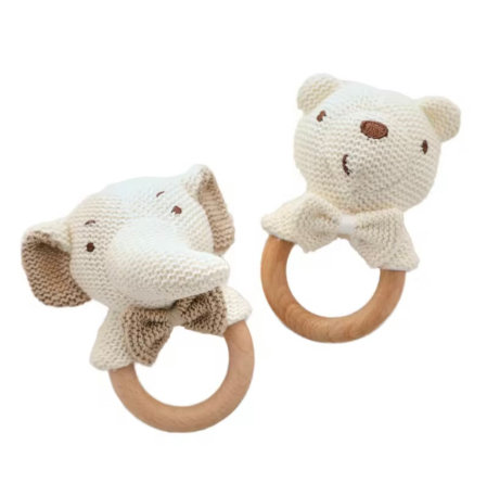 Cadou  baby shower - Set 2 jucării/inele dentiție bebeluși – urs & elefant tricotate, inel lemn natural 0+ luni