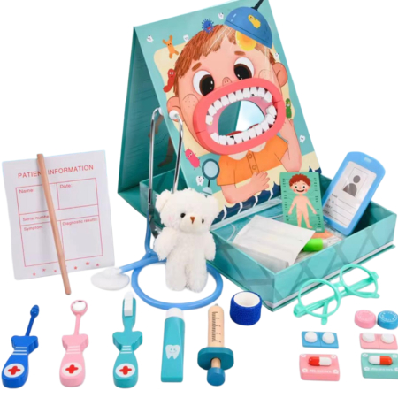 Set de joacă din lemn Doctor/Dentist pentru copii – cu accesorii educative și ursuleț de pluș