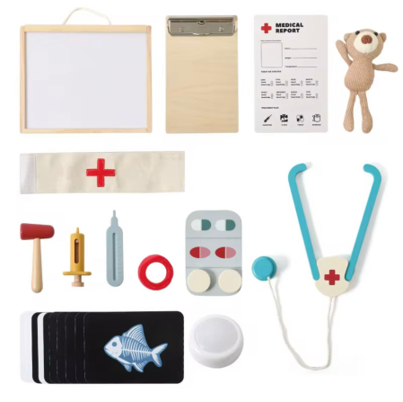 Set doctor, trusa medicala de jucarie din lemn pentru copii cu ursulet, set de joaca