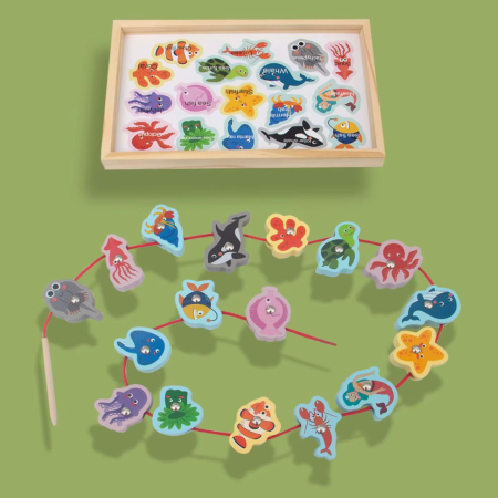 Set educativ 3 în 1 Montessori din lemn – pescuit magnetic, activitate de înșirare și sortare Animale marine [4]