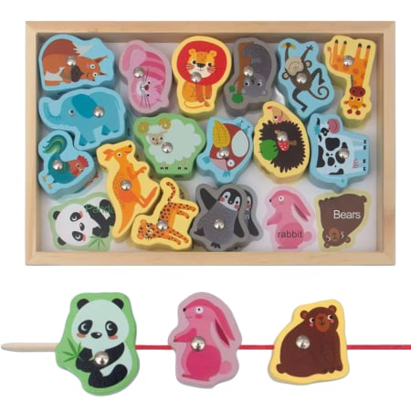 Produse - Set educativ 3 în 1 Montessori din lemn – pescuit magnetic, activitate de înșirare și sortare Animale