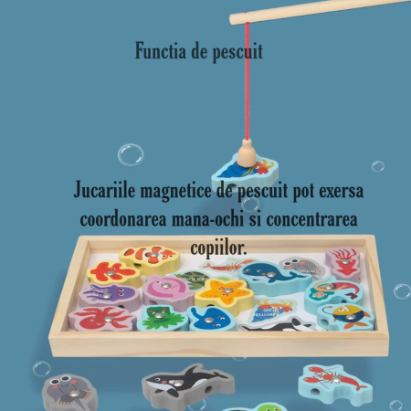 Set educativ 3 în 1 Montessori din lemn – pescuit magnetic, activitate de înșirare și sortare Alimente [3]