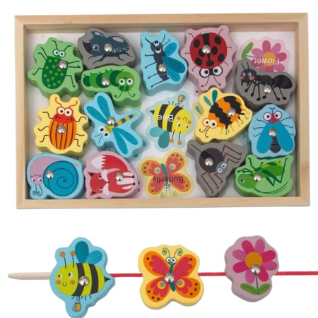 Produse - Set educativ 3 în 1 Montessori din lemn – pescuit magnetic, activitate de înșirare și sortare  Insecte