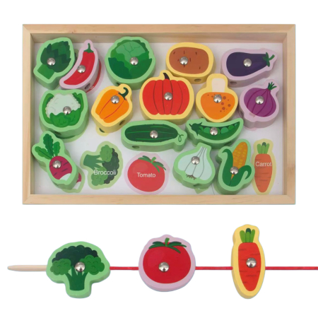 Set educativ 3 în 1 Montessori din lemn – pescuit magnetic, activitate de înșirare și sortare  Legume