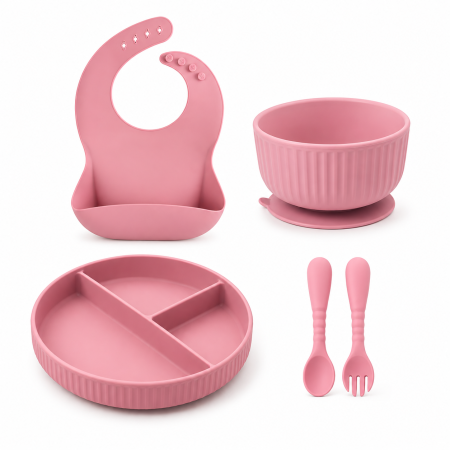 Diversificare - Set hranire din silicon pentru copii –  5  piese, din silicon BPA free, 6+ luni, farfurie, bol, pahar, bavetica, tacamuri, Set pentru diversificare