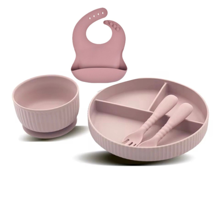 Produse - Set hranire din silicon pentru copii –  5  piese, din silicon BPA free, 6+ luni, farfurie, bol, pahar, bavetica, tacamuri, Set pentru diversificare