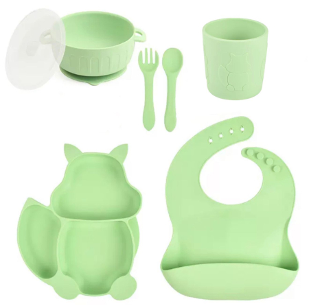 Produse - Set hranire din silicon pentru copii –  6 piese, din silicon BPA free, 6+ luni, farfurie, bol cu capac, pahar, bavetica, tacamuri, Set pentru diversificare