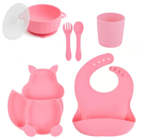 Produse - Set hranire din silicon pentru copii –  6 piese, din silicon BPA free, 6+ luni, farfurie, bol cu capac, pahar, bavetica, tacamuri, Set pentru diversificare
