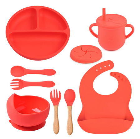 Produse - Set hranire din silicon pentru copii –  8 piese, din silicon BPA free, 6+ luni, farfurie, bol, pahar, bavetica, tacamuri, Set pentru diversificare