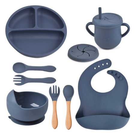 Produse - Set hranire din silicon pentru copii –  8 piese, din silicon BPA free, 6+ luni, farfurie, bol, pahar, bavetica, tacamuri, Set pentru diversificare