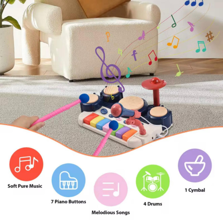 Set instrumental muzical pentru copii 2-în-1 – Tobă electronică, Pian cu 7 clape, Microfon, Lumini și Sunete, Jucărie educativă [1]
