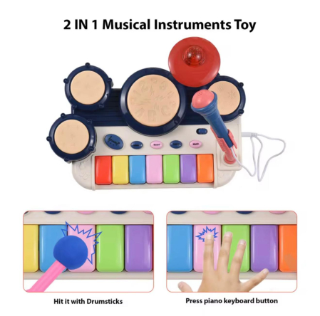 Set instrumental muzical pentru copii 2-în-1 – Tobă electronică, Pian cu 7 clape, Microfon, Lumini și Sunete, Jucărie educativă [2]