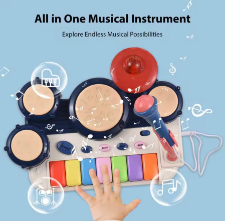 Set instrumental muzical pentru copii 2-în-1 – Tobă electronică, Pian cu 7 clape, Microfon, Lumini și Sunete, Jucărie educativă [3]