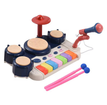 Produse - Set instrumental muzical pentru copii 2-în-1 – Tobă electronică, Pian cu 7 clape, Microfon, Lumini și Sunete, Jucărie educativă