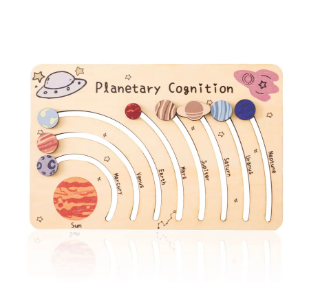 Jucării din lemn - Tablă educativă din lemn „Planetary Cognition” – sortare planete, trasee mobile Planete 18+ luni