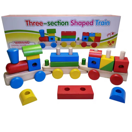 Produse - Tren din Lemn cu Forme Geometrice – Jucărie Educativă 3 în 1, Îmbinare și Sortare, 3 Vagoane, Culori Vii