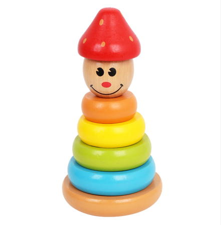 Jucării din lemn - Turnuleț din lemn cu inele colorate pentru copii, jucărie educativă Montessori — stivuire, potrivire forme 1+ ani