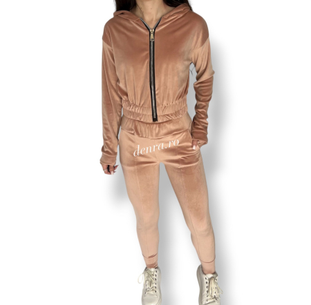 Compleuri & Treninguri - Trening catifea 2 piese – bluză cu fermoar + pantaloni slim Roz