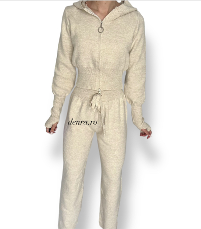 Compleuri & Treninguri - Compleu Tricot Bej 2 Piese – Bluză cu Fermoar & Pantaloni Evazați