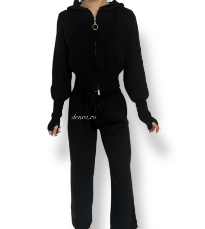 Compleuri & Treninguri - Compleu Tricot negru 2 Piese cu Bluză cu Fermoar și Glugă & Pantaloni Evazați