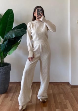 Compleuri & Treninguri - Compleu tricot strasuri romb crem