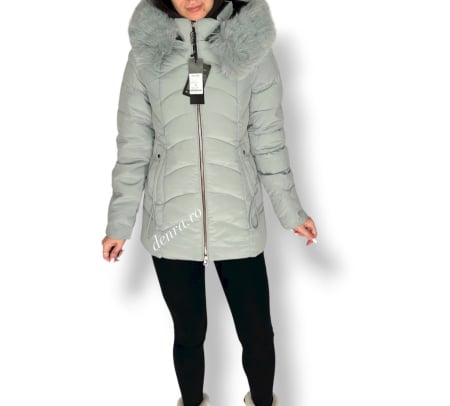 Geci - Geacă gri-verzui cu guler din blană detașabil 730