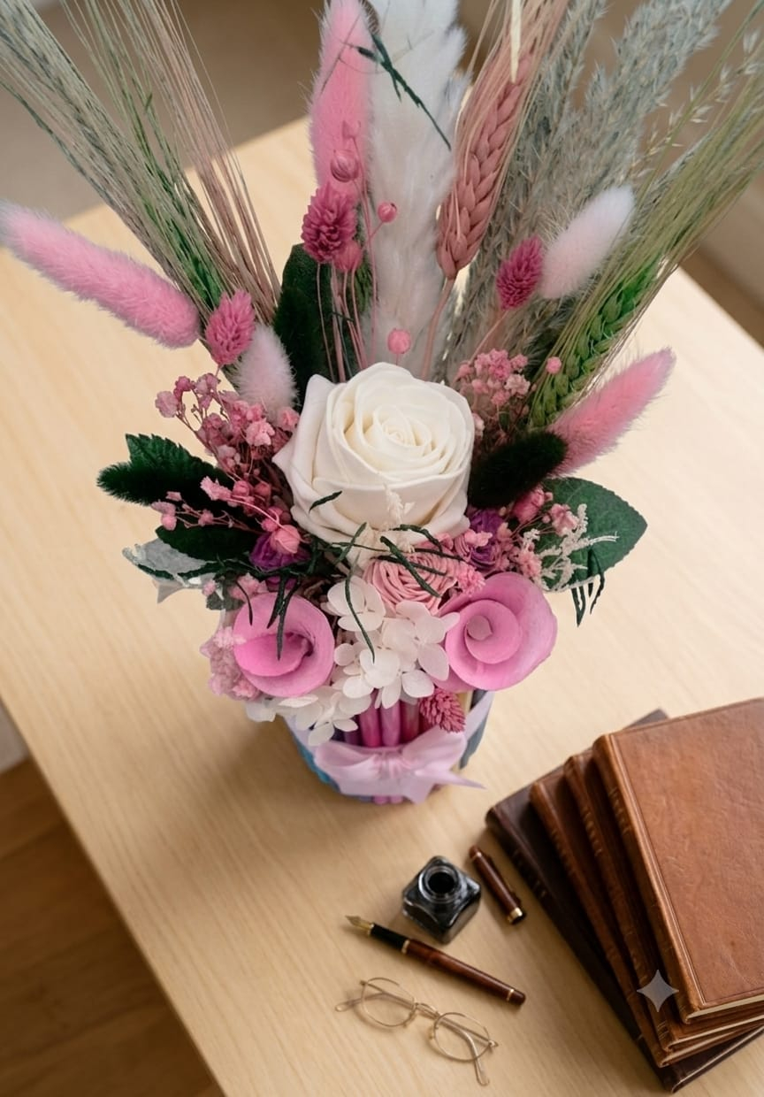 Aranjament floral decorativ in suport din creioane colorate Povesti la catedra [2]
