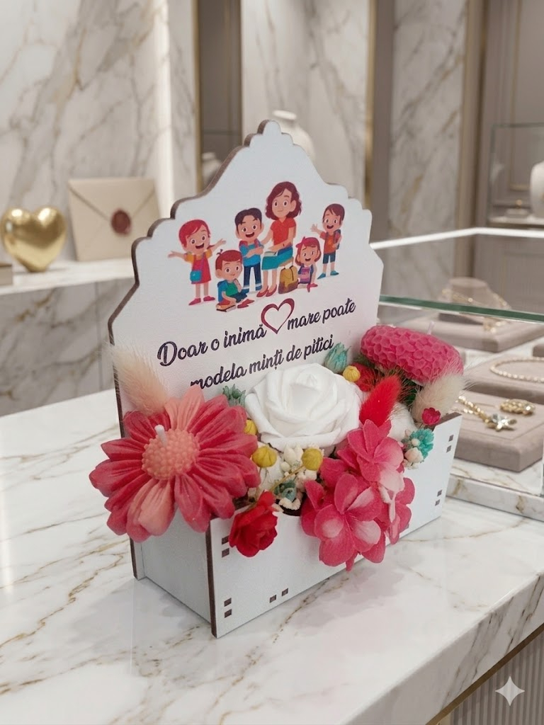 Aranjament floral în cutie albă din MDF personalizată cadou educatoare învățătoare flori din ceară de soia [4]