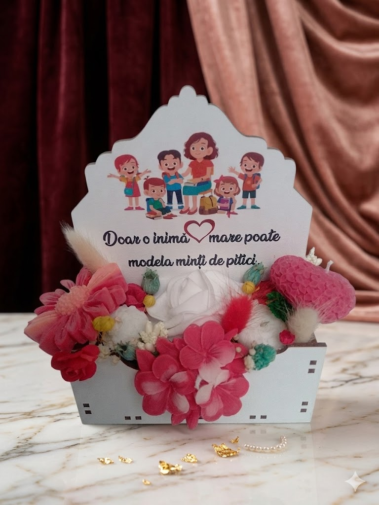 Aranjament floral în cutie albă din MDF personalizată cadou educatoare învățătoare flori din ceară de soia [5]