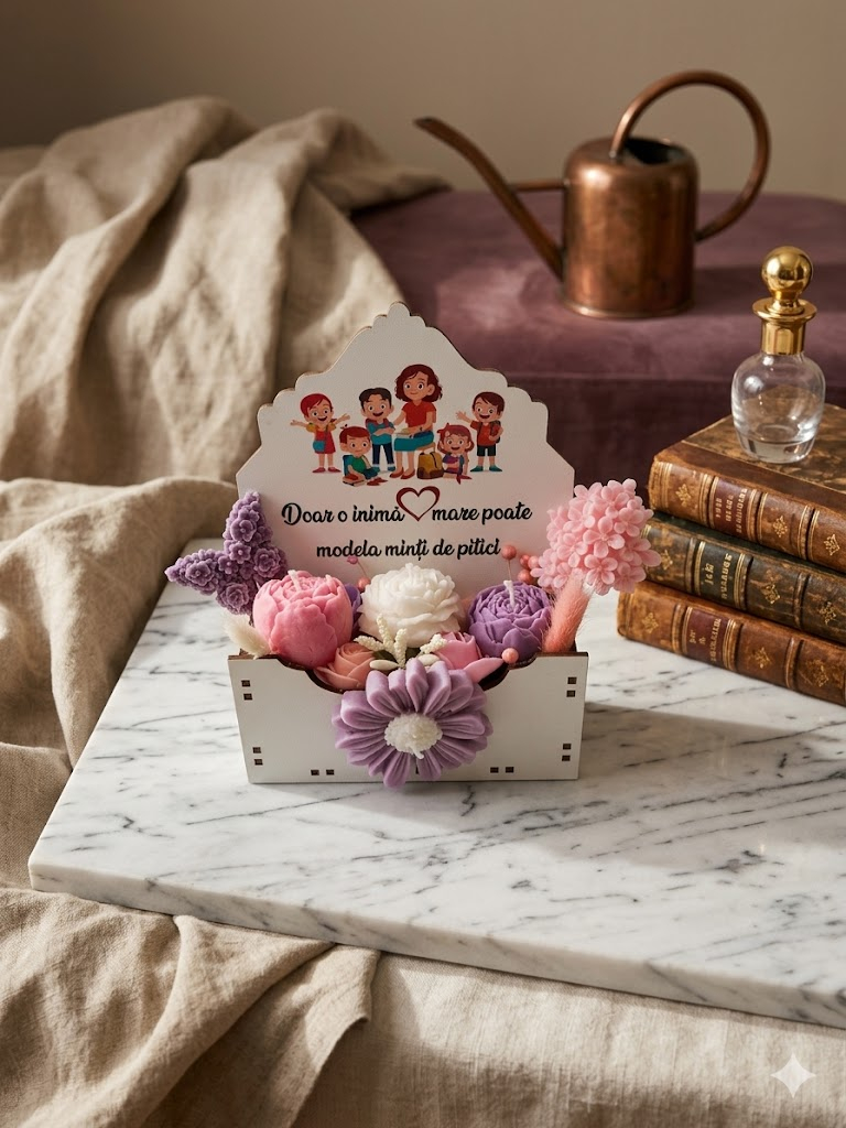 Aranjament floral în cutie albă din MDF personalizată cadou educatoare învățătoare flori din ceară de soia roz mov [5]