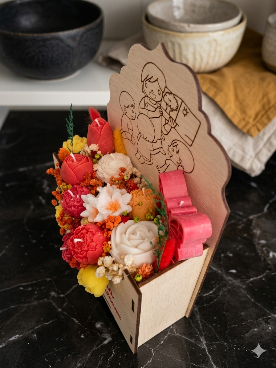 Aranjament floral premium în cutie plic din lemn cadou pentru doamna educatoare flori din ceară de soia [5]