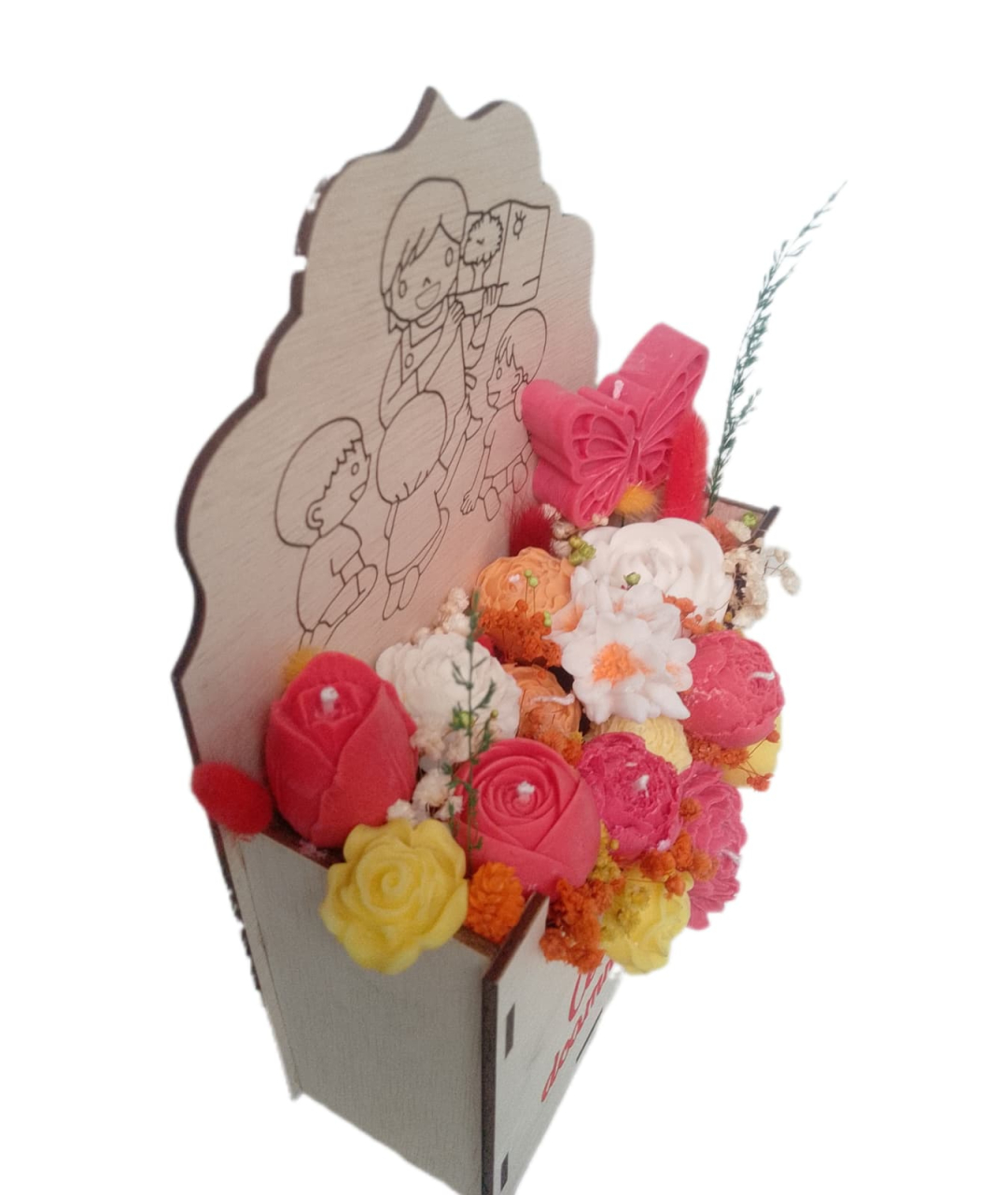 Aranjament floral premium în cutie plic din lemn cadou pentru doamna educatoare flori din ceară de soia [11]