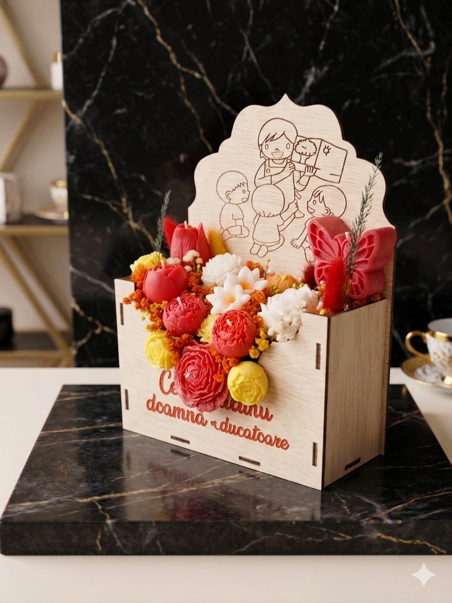 Aranjament floral premium în cutie plic din lemn cadou pentru doamna educatoare flori din ceară de soia [4]