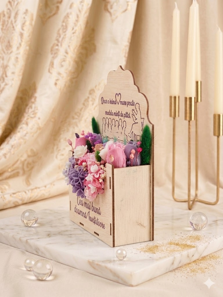 Aranjament floral premium în cutie plic din lemn cu gravură mov cadou pentru doamna învățătoare flori din ceară de soia [2]