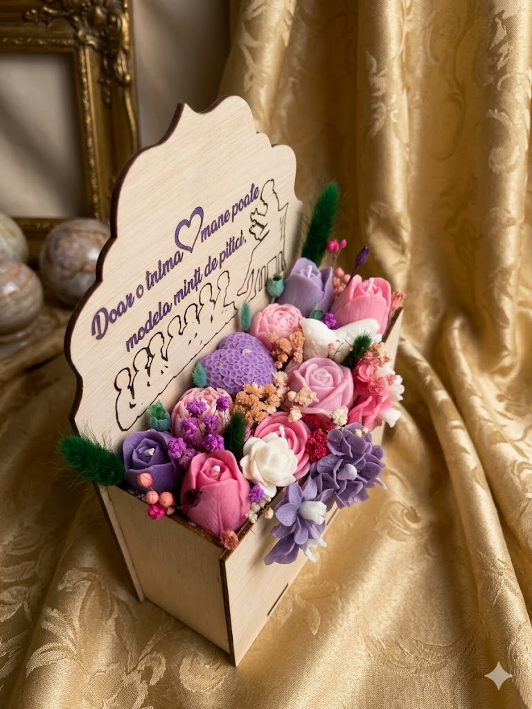 Aranjament floral premium în cutie plic din lemn cu gravură mov cadou pentru doamna învățătoare flori din ceară de soia [4]