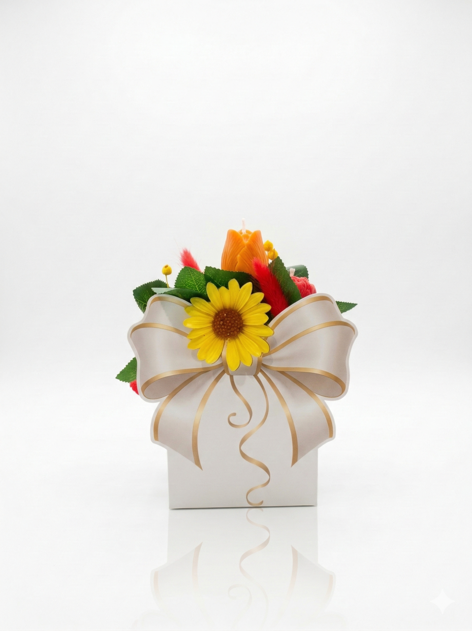 Aranjament floral gentuta cu funda alb-auriu si lumanare floarea-soarelui [3]