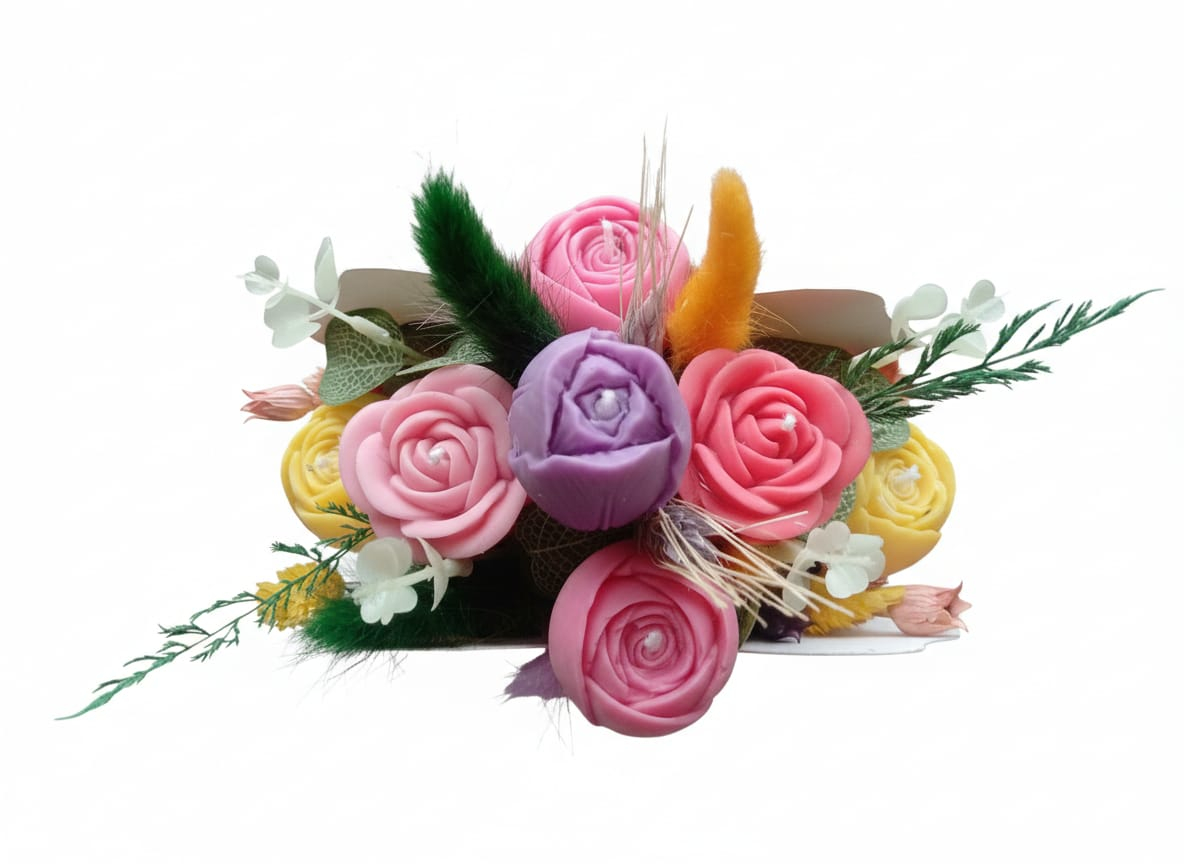 Aranjament floral gentuta mov cu funda si lumanari lalele si trandafiri [5]