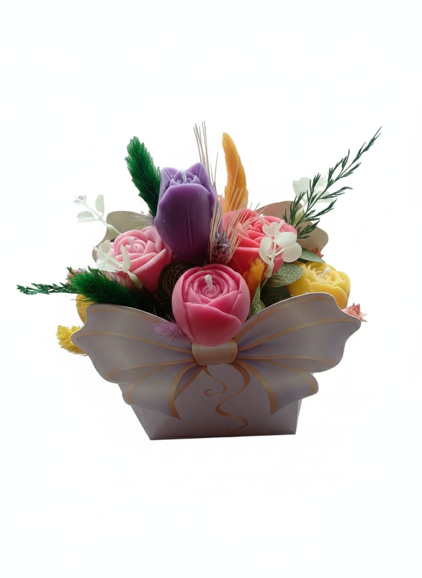 Aranjament floral gentuta mov cu funda si lumanari lalele si trandafiri [4]