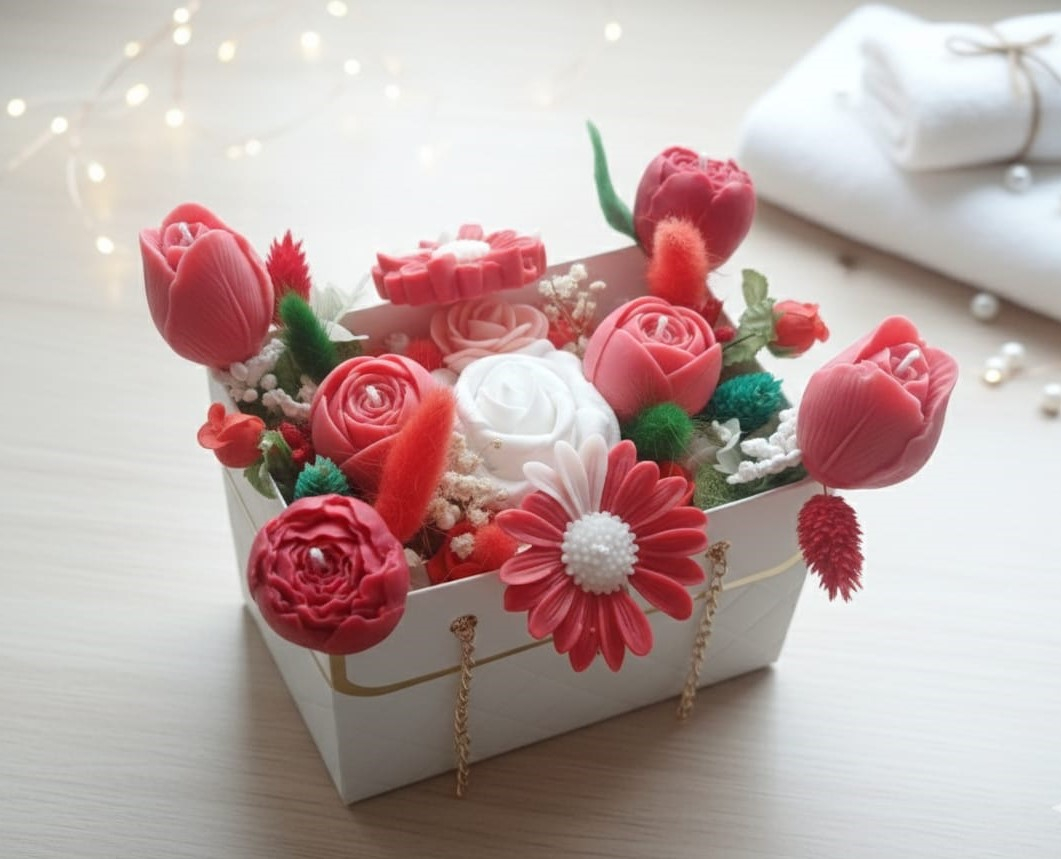 Aranjament floral tip poșetă roșu-alb cu 8 flori din ceară artizanale [3]