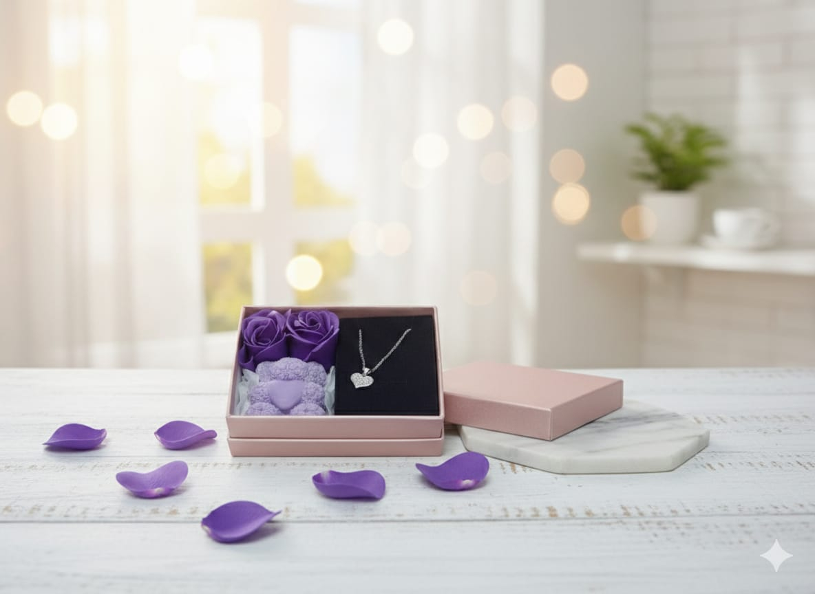 Set cadou deosebit Royal Heart lantisor inima cu cristale lumanare ursulet mov [4]