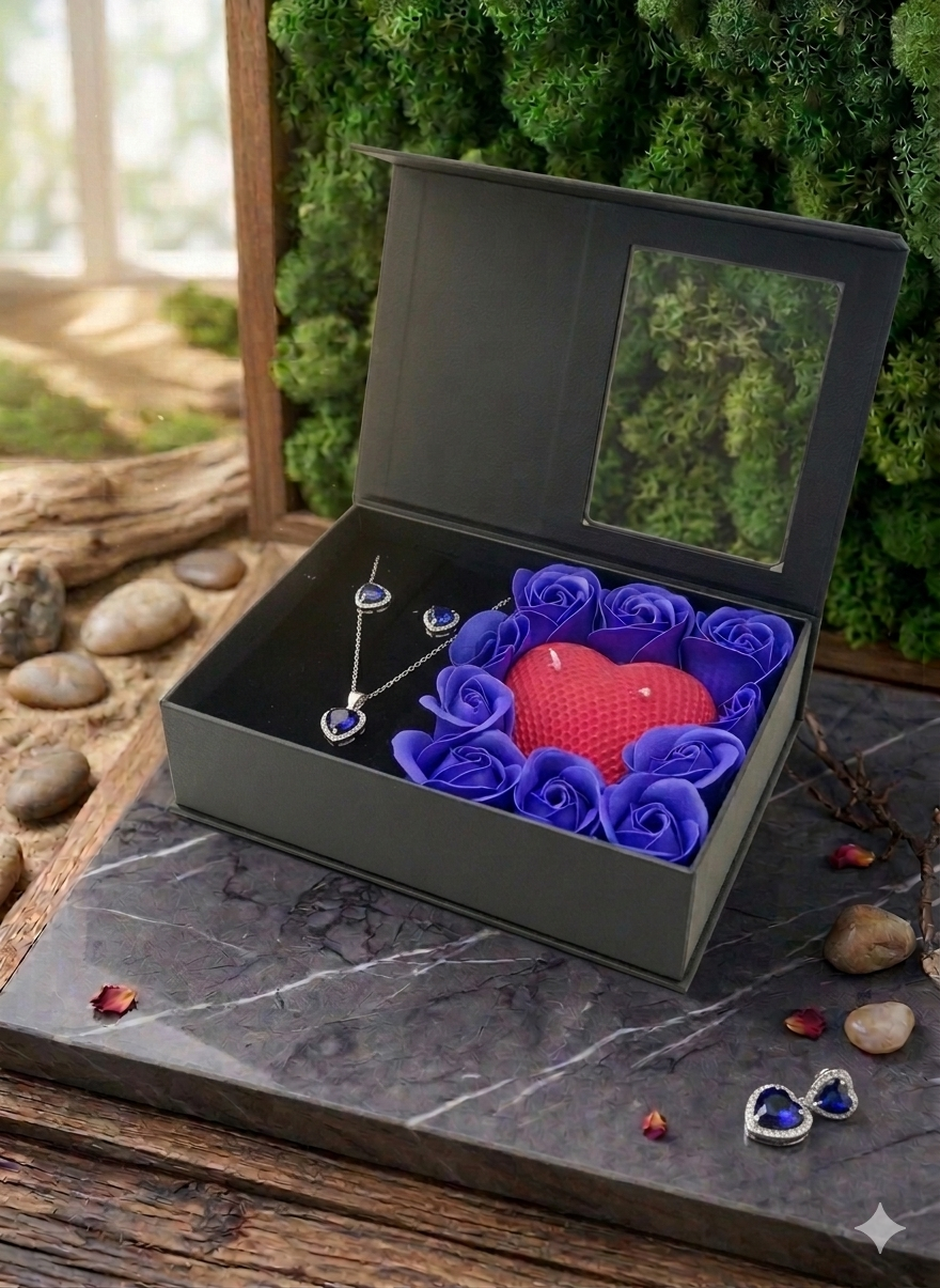 Set cadou Love Forever albastru cu lumanare inima parfumata si bijuterii cu cristale albastre 3 piese [4]