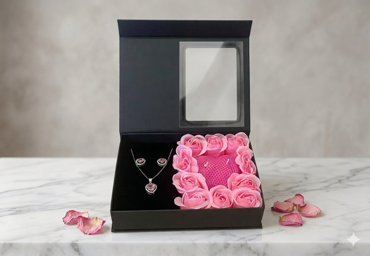 Set cadou Love Forever roz cu lumanare inima parfumata si bijuterii inima cu cristale roz 3 piese [2]