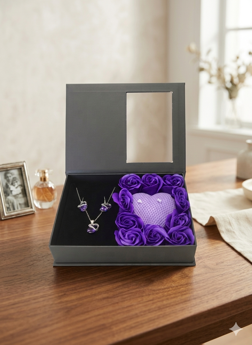 Set cadou premium Love Forever mov cu bijuterii 3 piese cristale violet și lumânare inimă [2]