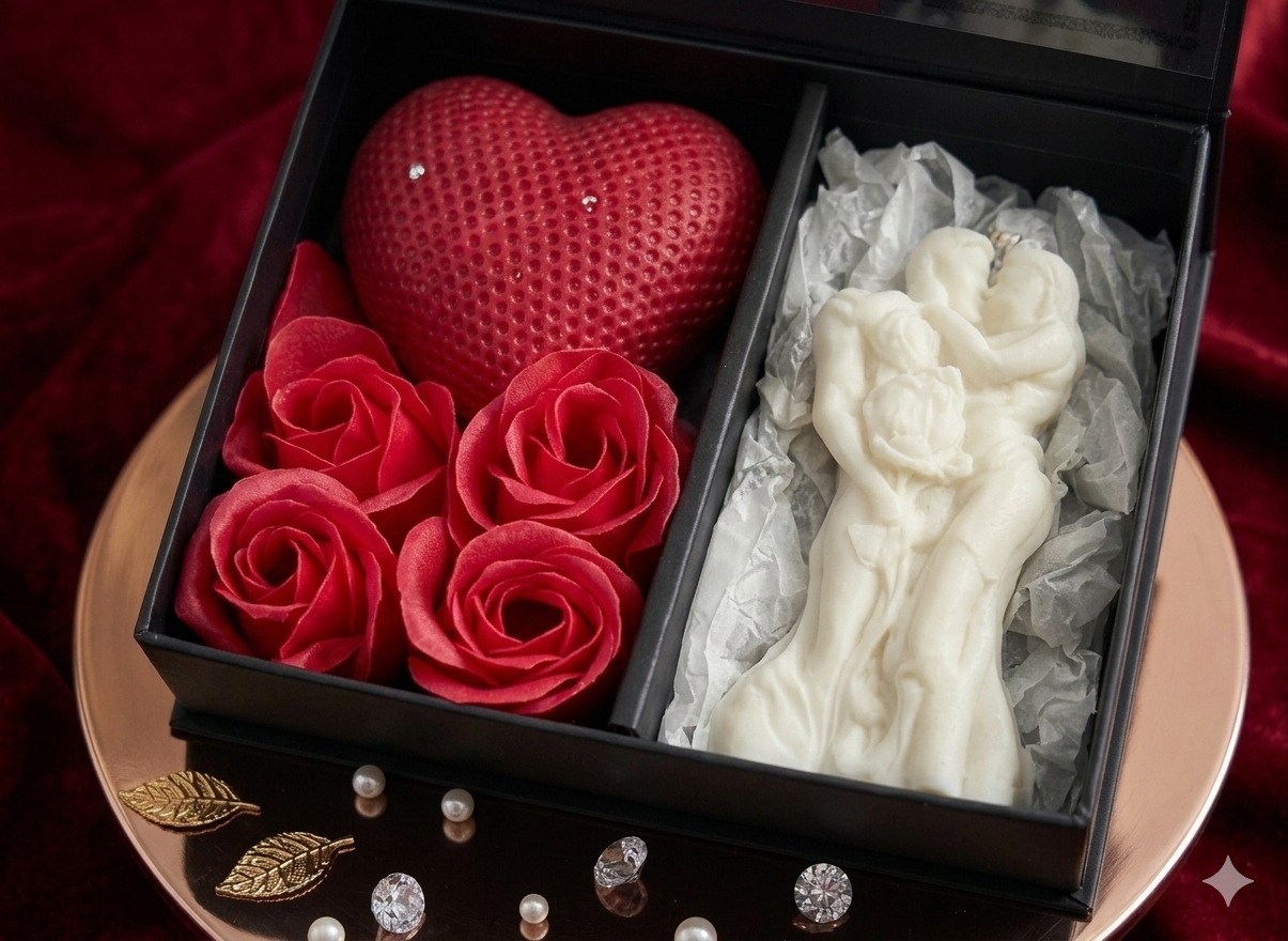 Set cadou romantic Love Story lumanare cuplu si inima rosie cutie neagra de lux [2]