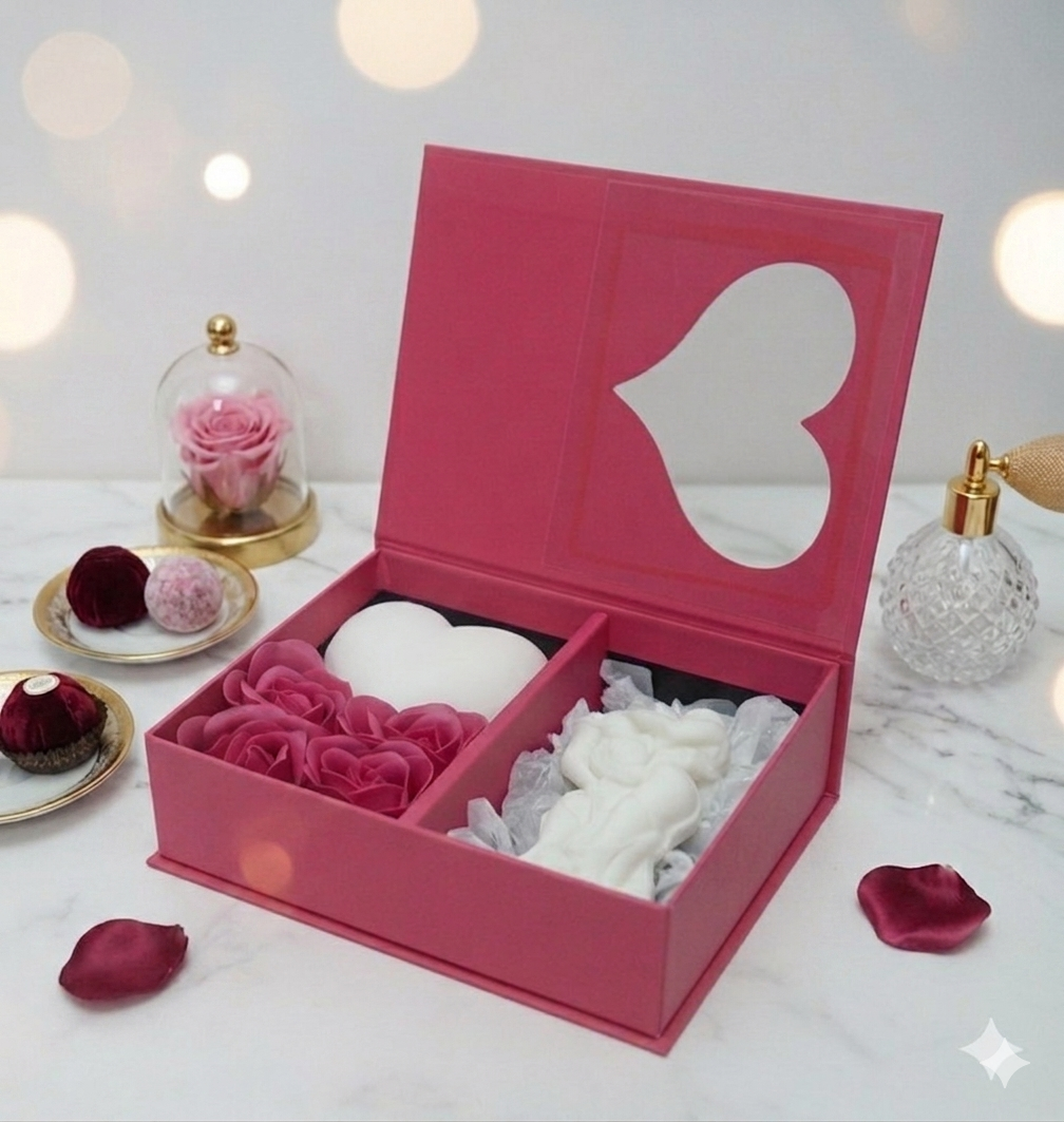 Set cadou premium Love Story cutie rosie cu fereastra inima lumanari sculpturale [4]