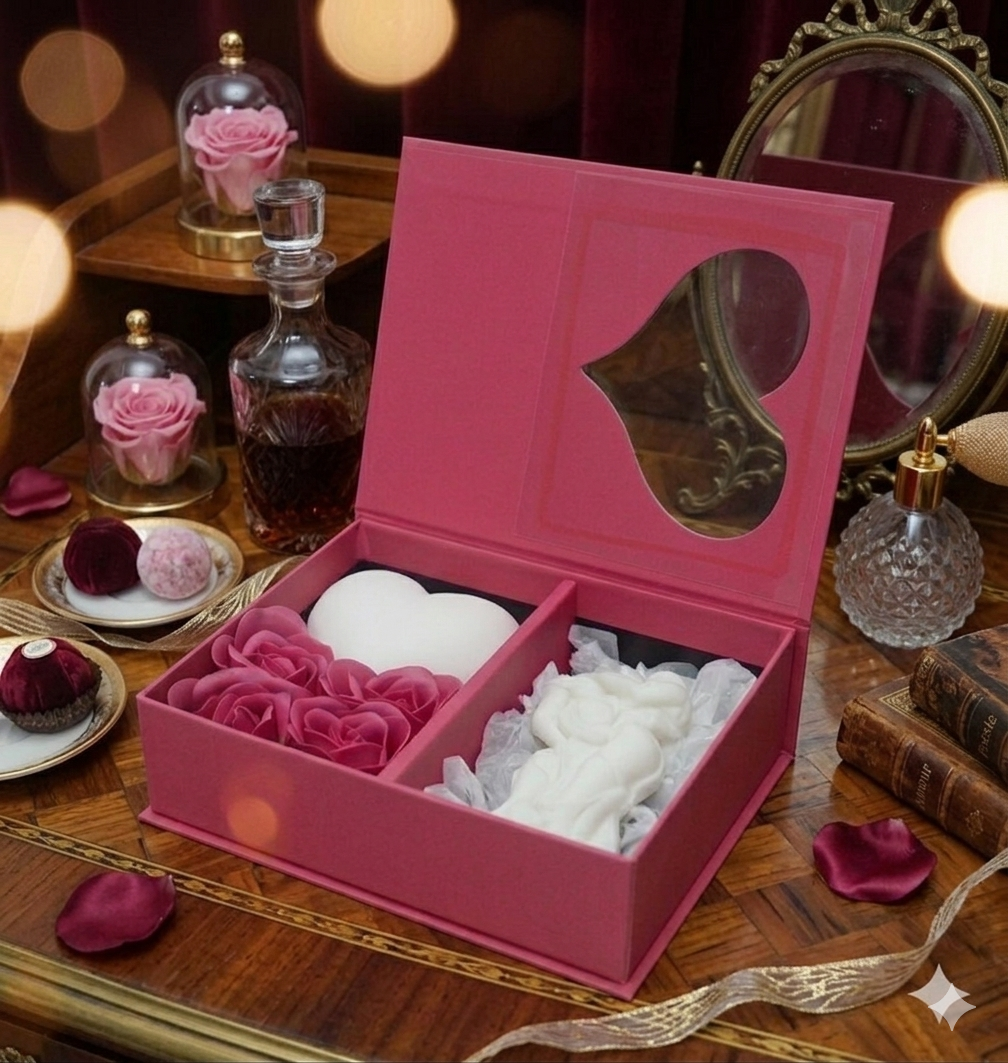 Set cadou premium Love Story cutie rosie cu fereastra inima lumanari sculpturale [5]